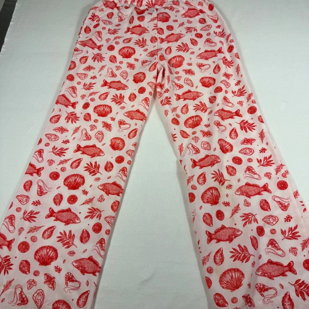No Comment Pajama Pants M White Red Coastal Fish Shell Print Wide Leg RW436694